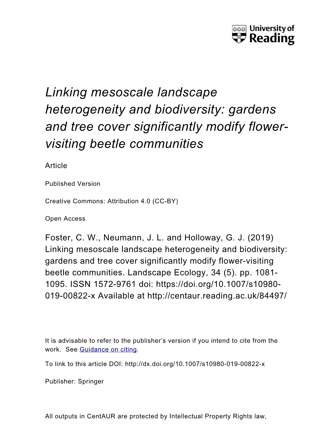 Linking Mesoscale Landscape Heterogeneity and Biodiversity: Gardens and Tree Cover Significantly Modify Flower- Visiting Beetle Communities