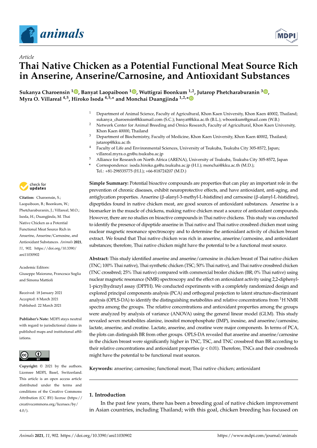 Thai Native Chicken As a Potential Functional Meat Source Rich in Anserine, Anserine/Carnosine, and Antioxidant Substances