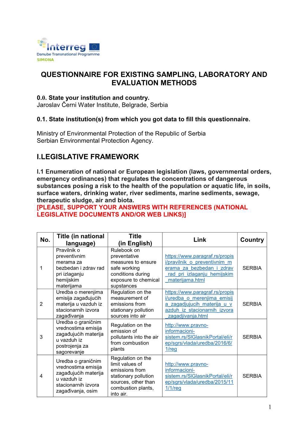Questionnaire for Existing Sampling, Laboratory and Evaluation Methods I.Legislative Framework