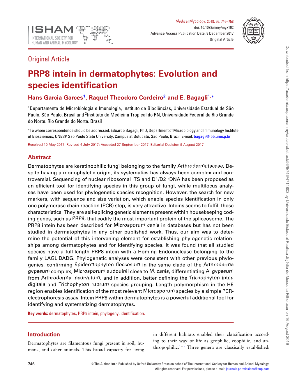 PRP8 Intein in Dermatophytes: Evolution and Species Identification