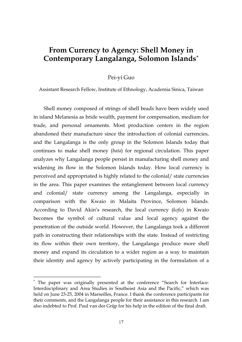 Shell Money in Contemporary Langalanga, Solomon Islands*