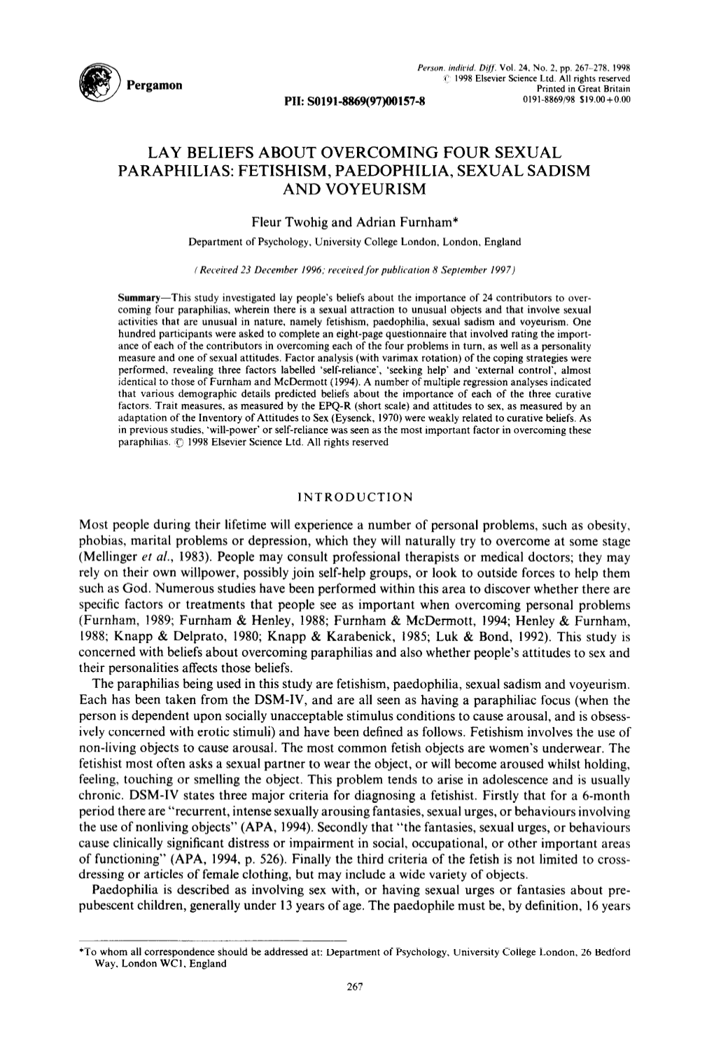 Lay Beliefs About Overcoming Four Sexual Paraphilias: Fetishism, Paedophilia, Sexual Sadism and Voyeurism