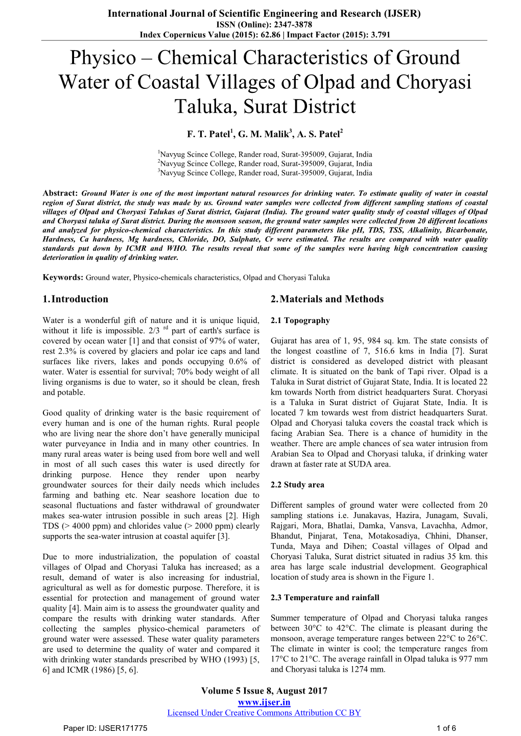 Chemical Characteristics of Ground Water of Coastal Villages of Olpad and Choryasi Taluka, Surat District