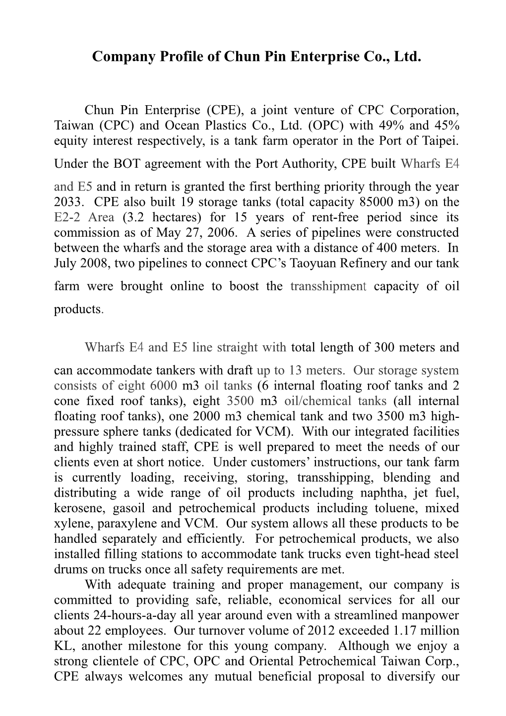 Company Profile of Chun Pin Enterprise Co