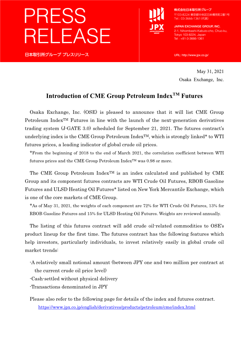 Introduction of CME Group Petroleum Indextm Futures