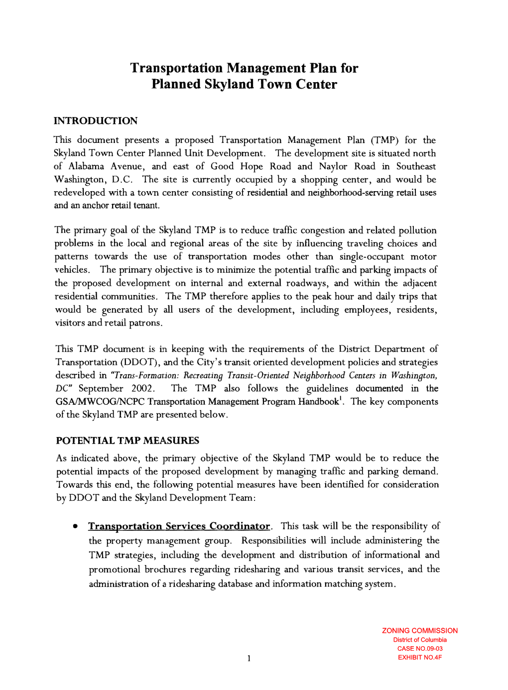 Transportation Management Plan for Planned Skyland Town Center