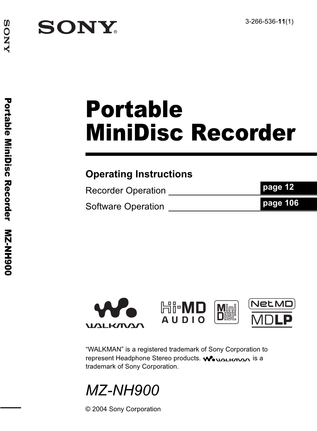 Portable Minidisc Recorder MZ-NH900 Recorder Minidisc Portable Portable Minidisc Recorder