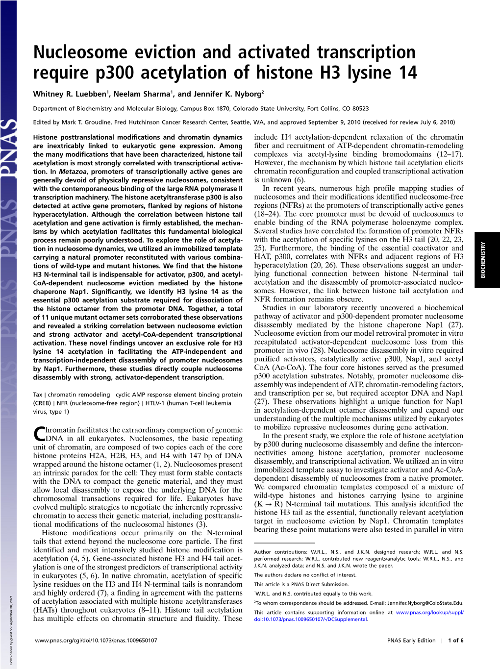 Nucleosome Eviction and Activated Transcription Require P300 Acetylation of Histone H3 Lysine 14