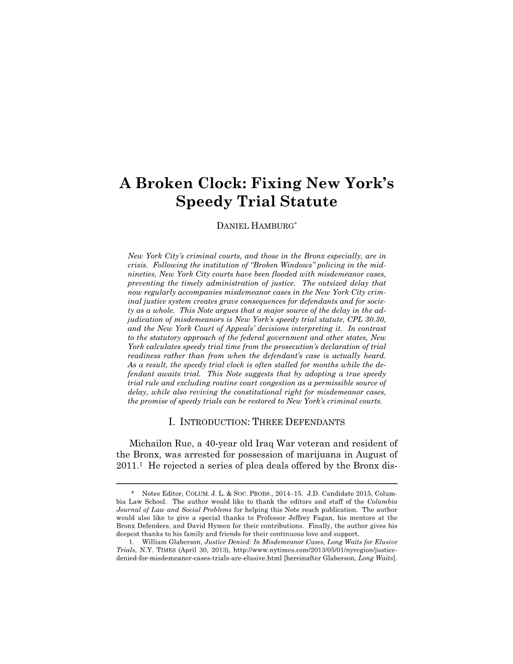 A Broken Clock: Fixing New York's Speedy Trial Statute