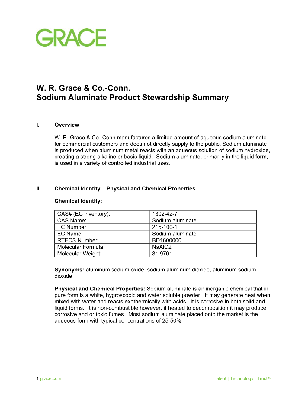 W. R. Grace & Co.-Conn. Sodium Aluminate Product Stewardship