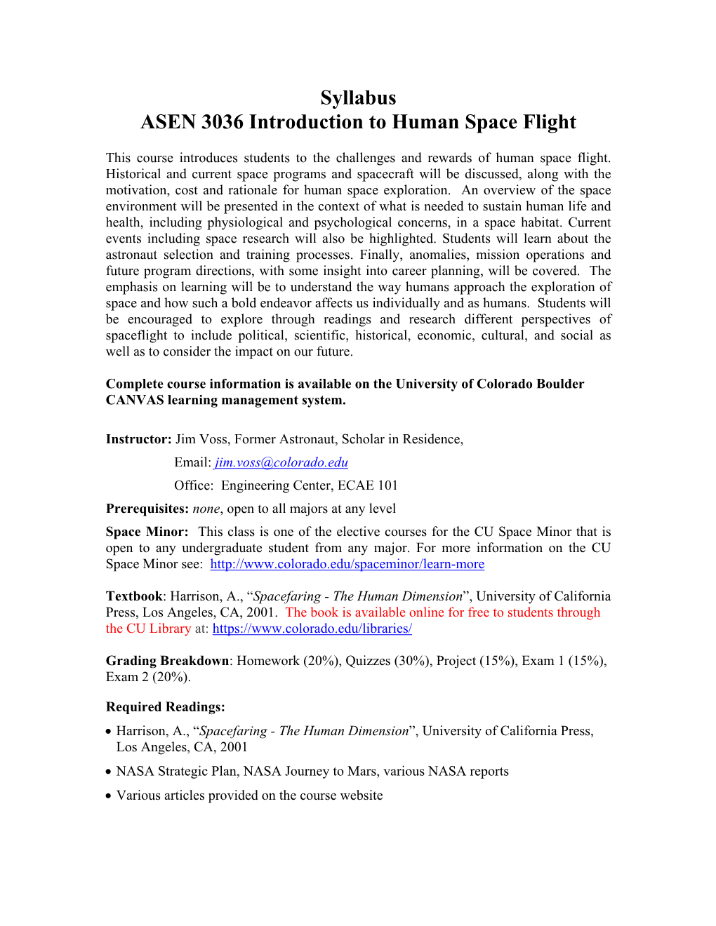 ASEN 3036 Introduction to Human Spaceflight