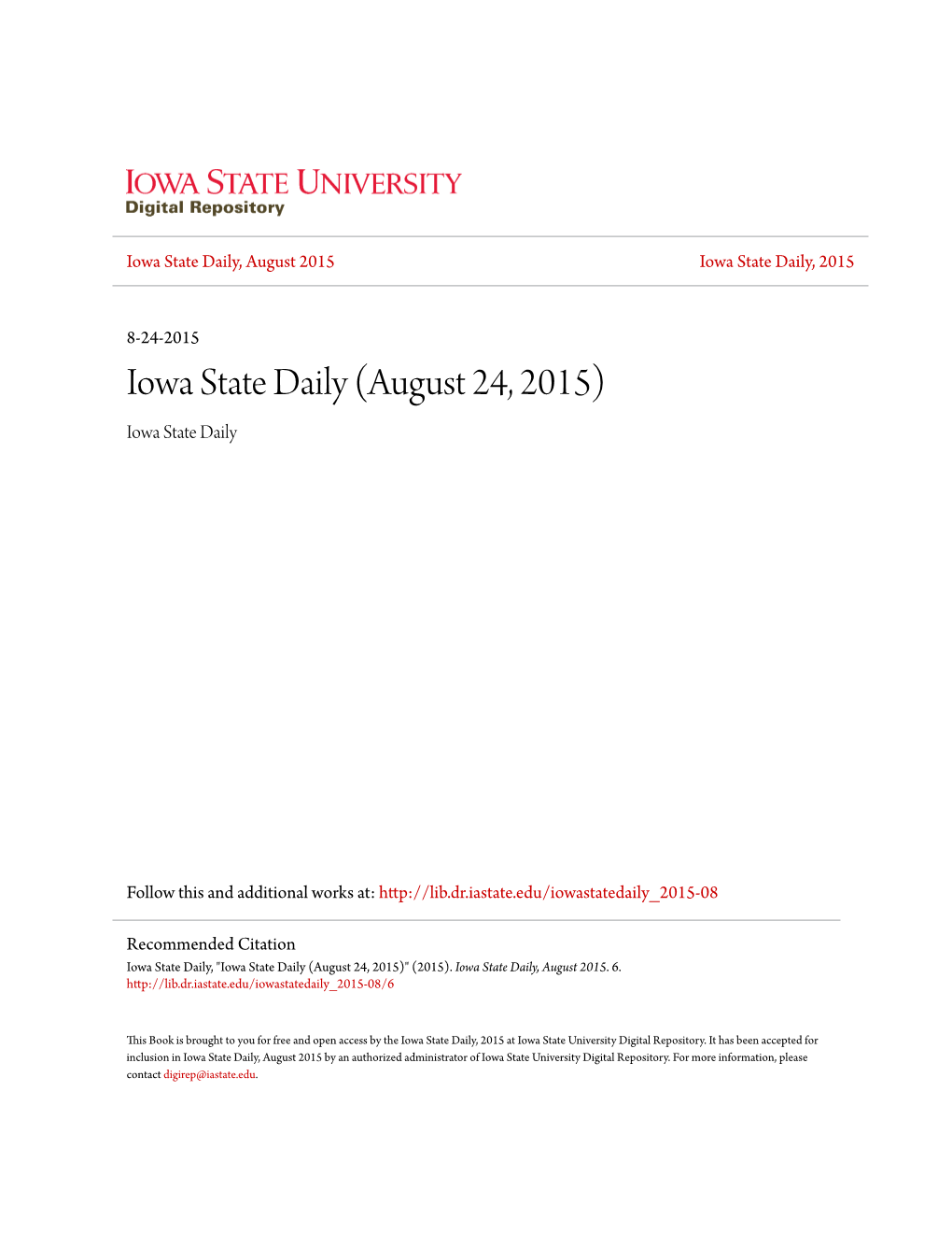 Iowa State Daily, August 2015 Iowa State Daily, 2015