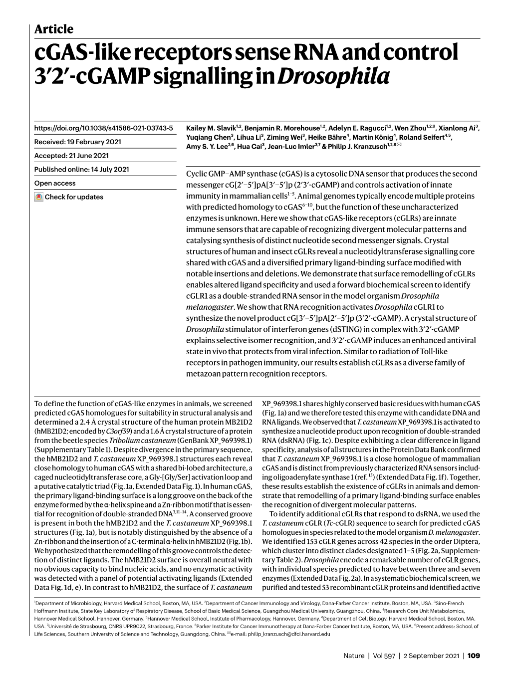 Cgas-Like Receptors Sense RNA and Control 3′2′-Cgamp Signalling in Drosophila