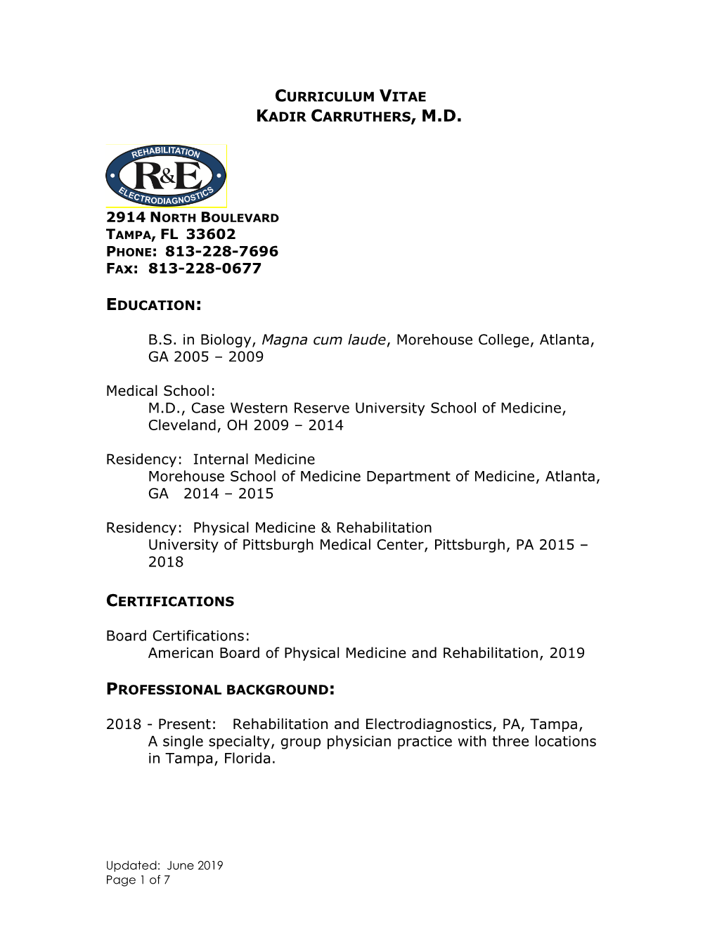 Curriculum Vitae Kadir Carruthers, Md