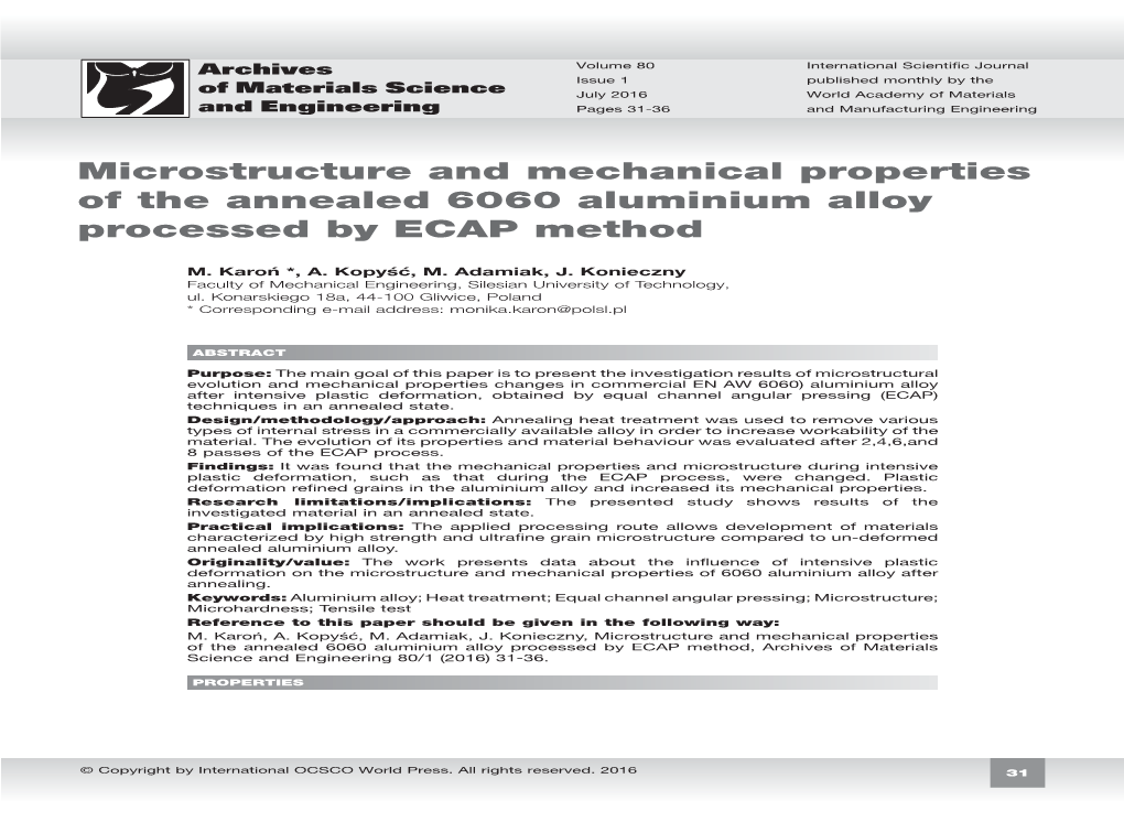 Microstructure and Mechanical Properties of the Annealed 6060 Aluminium Alloy Processed by ECAP Method