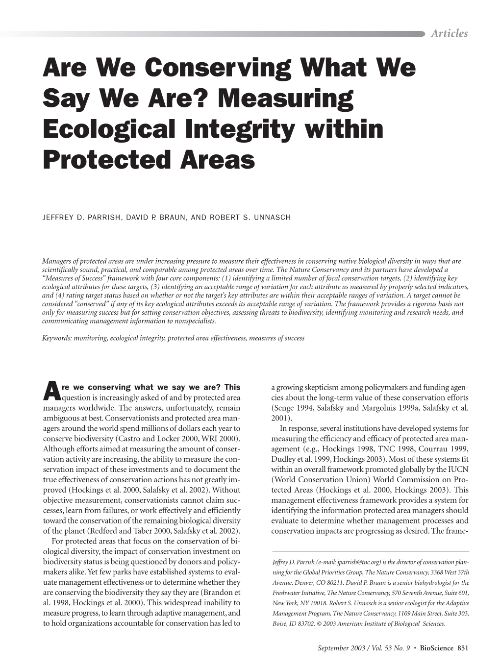 Measuring Ecological Integrity Within Protected Areas