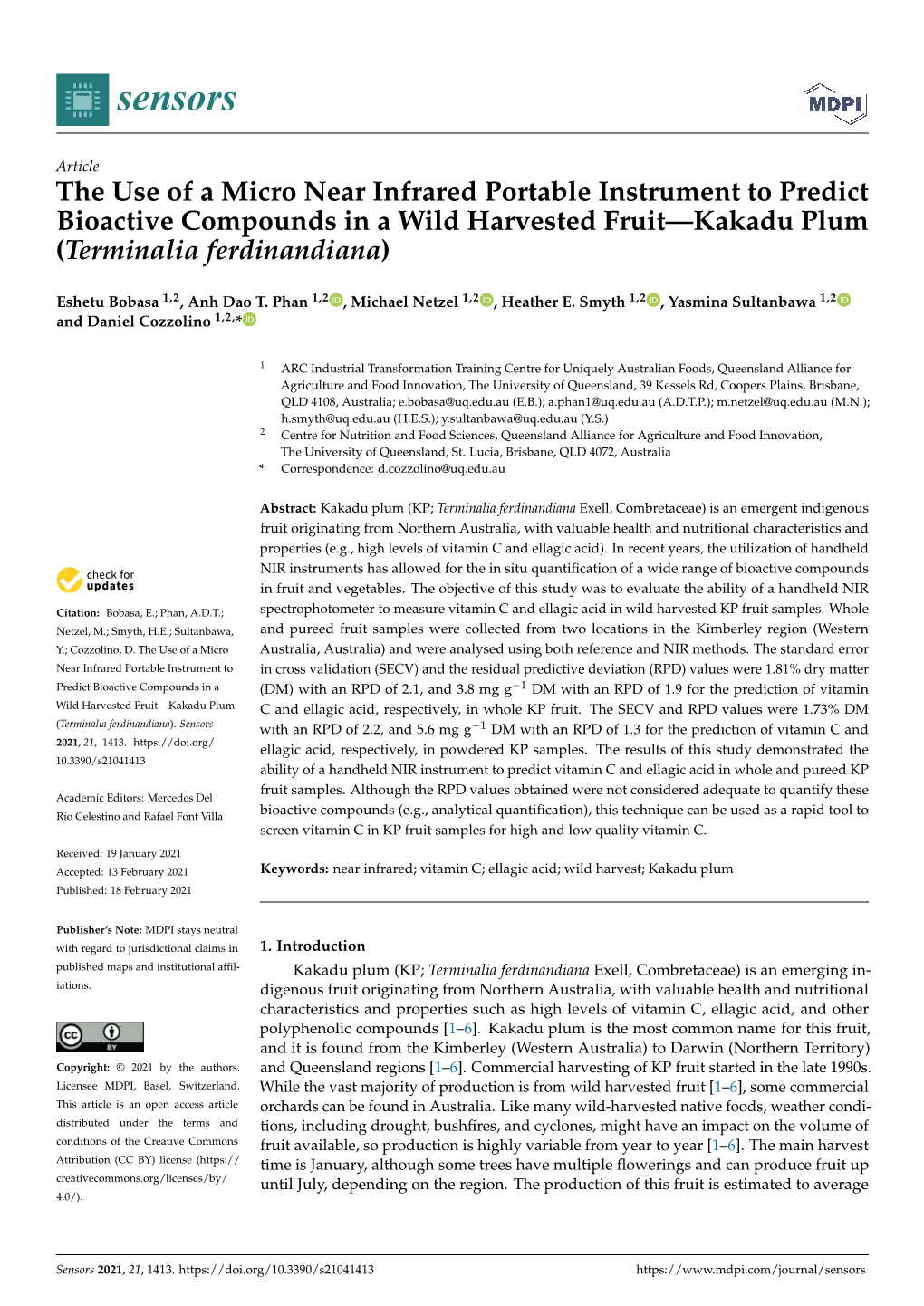 The Use of a Micro Near Infrared Portable Instrument to Predict Bioactive Compounds in a Wild Harvested Fruit—Kakadu Plum (Terminalia Ferdinandiana)