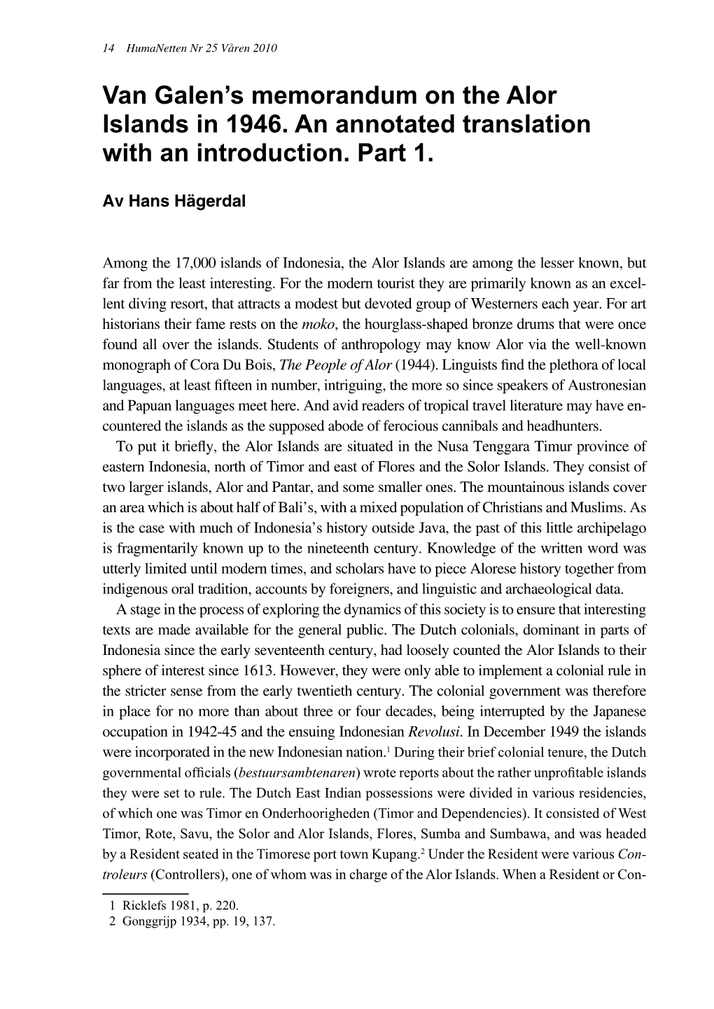 Van Galen's Memorandum on the Alor Islands in 1946. an Annotated