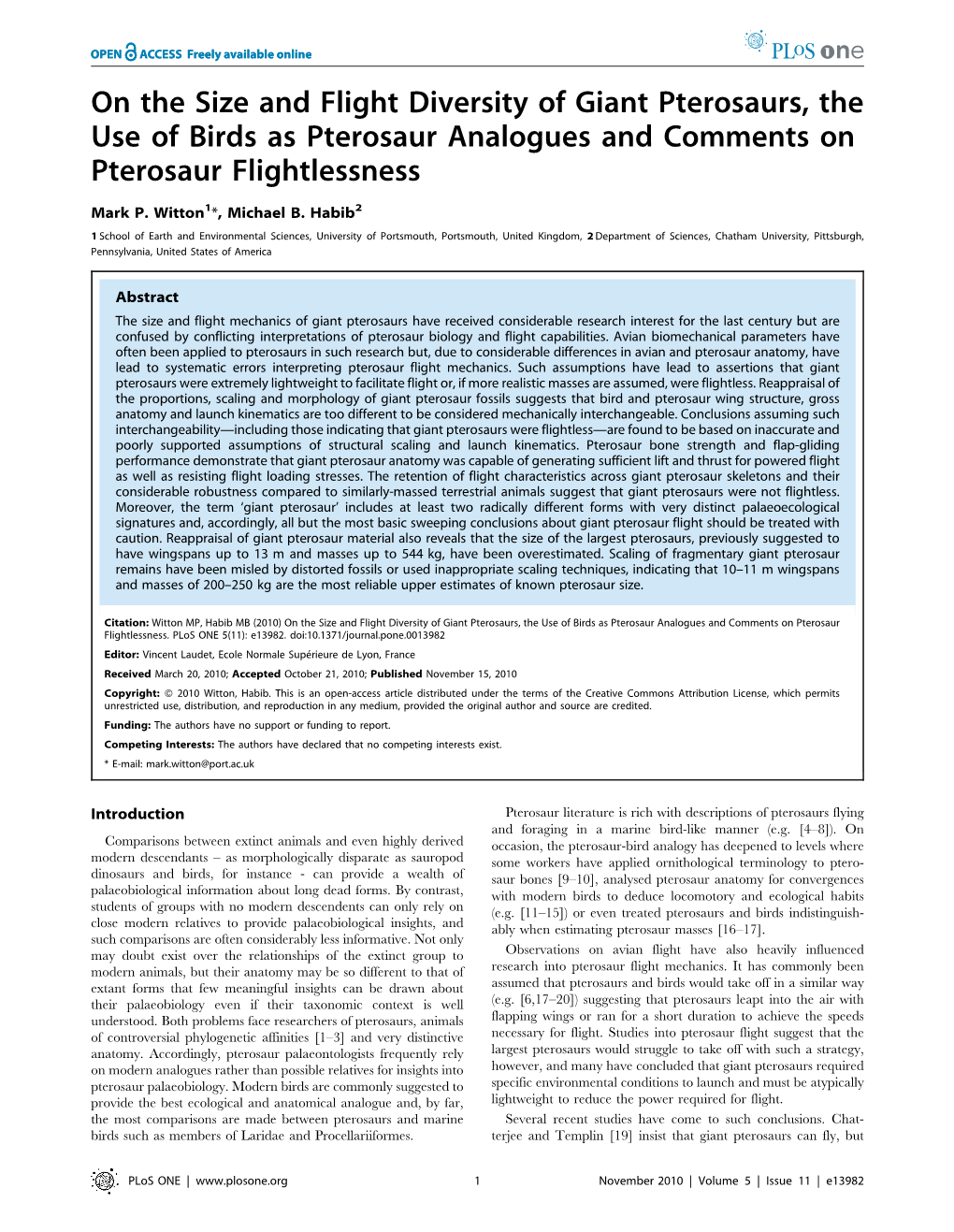 On the Size and Flight Diversity of Giant Pterosaurs, the Use of Birds As Pterosaur Analogues and Comments on Pterosaur Flightlessness