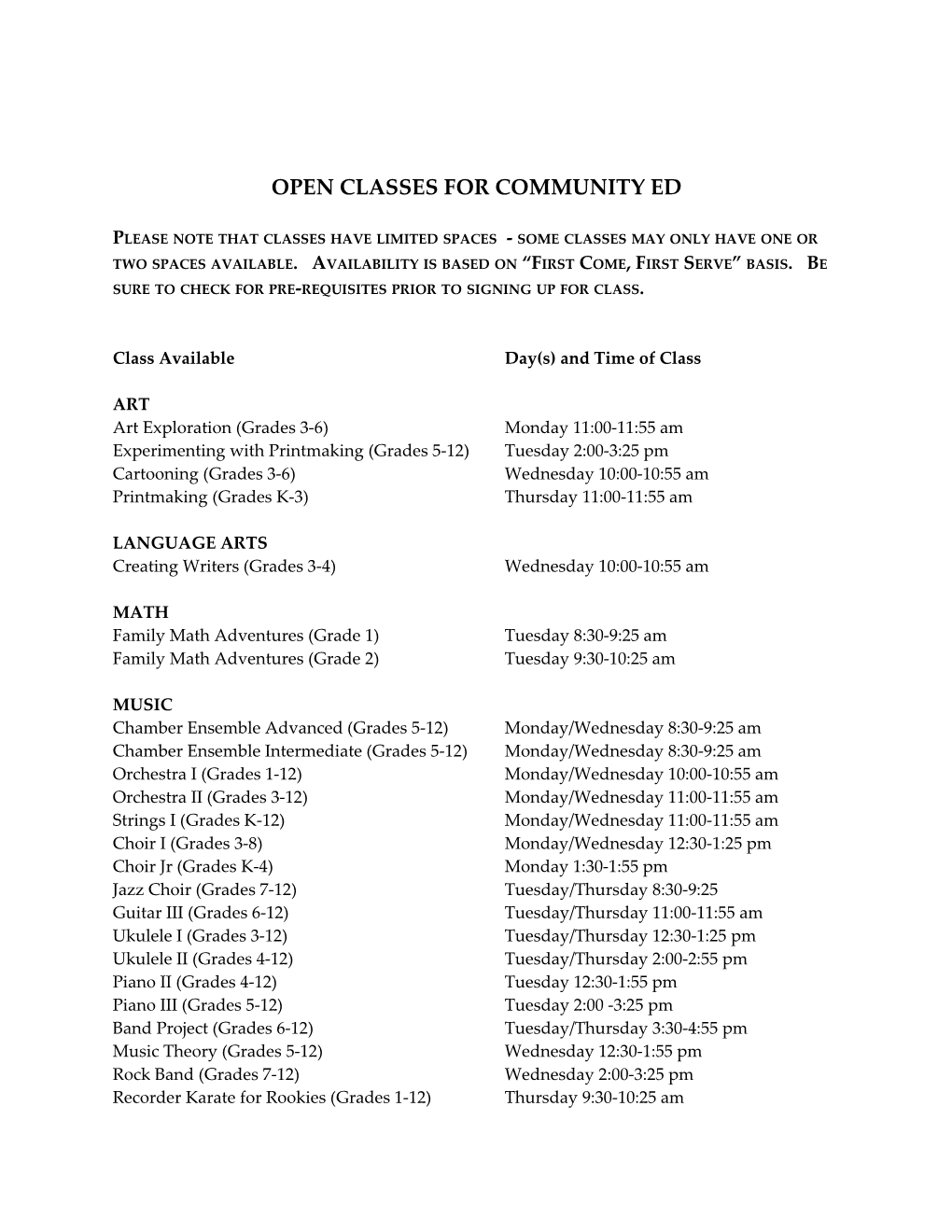 Open Classes for Community Ed