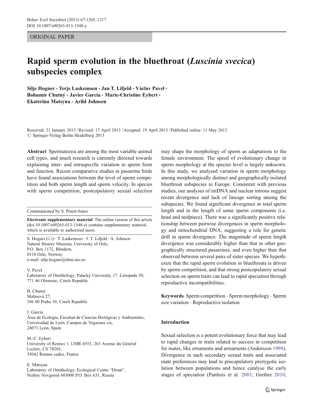 Rapid Sperm Evolution in the Bluethroat (Luscinia Svecica) Subspecies Complex