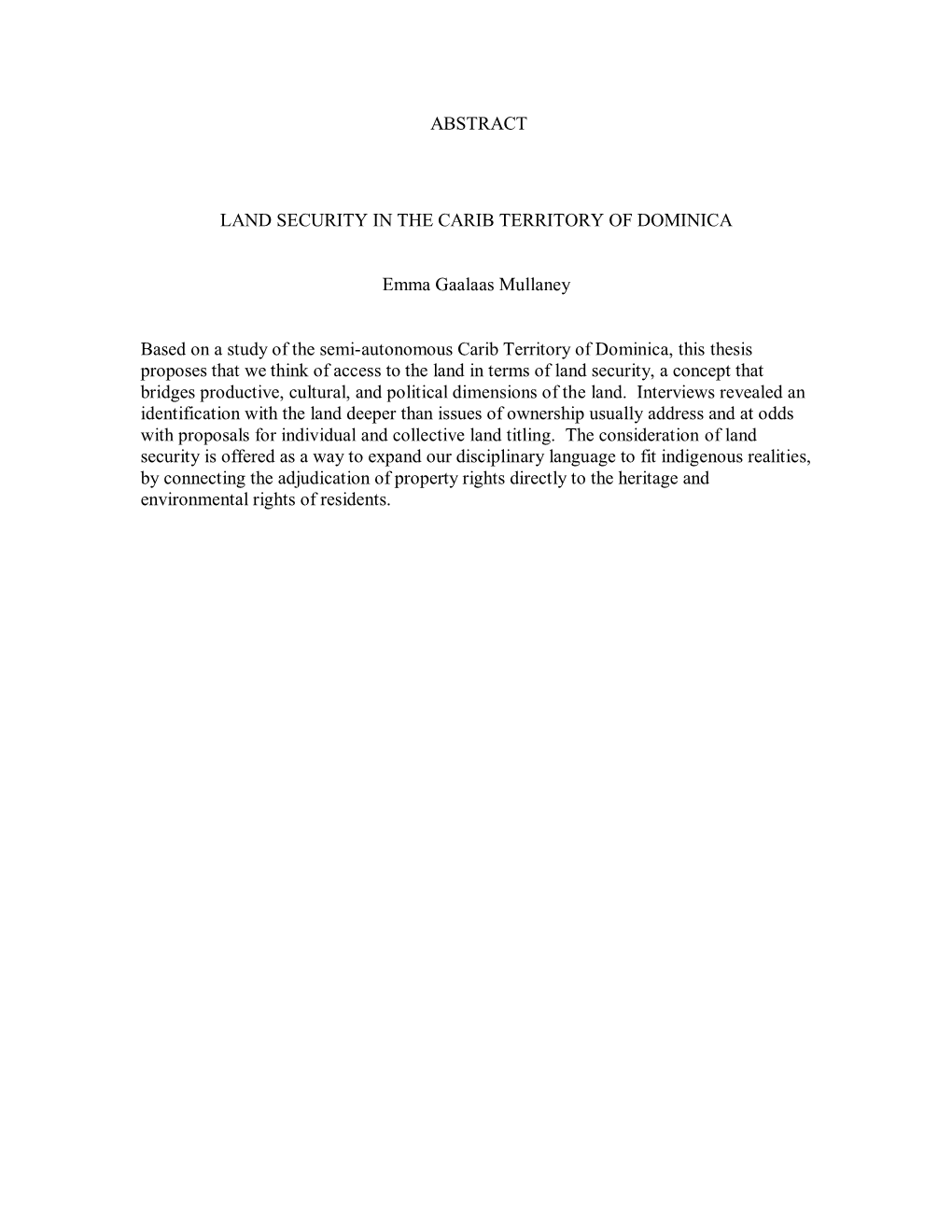 Abstract Land Security in the Carib Territory of Dominica