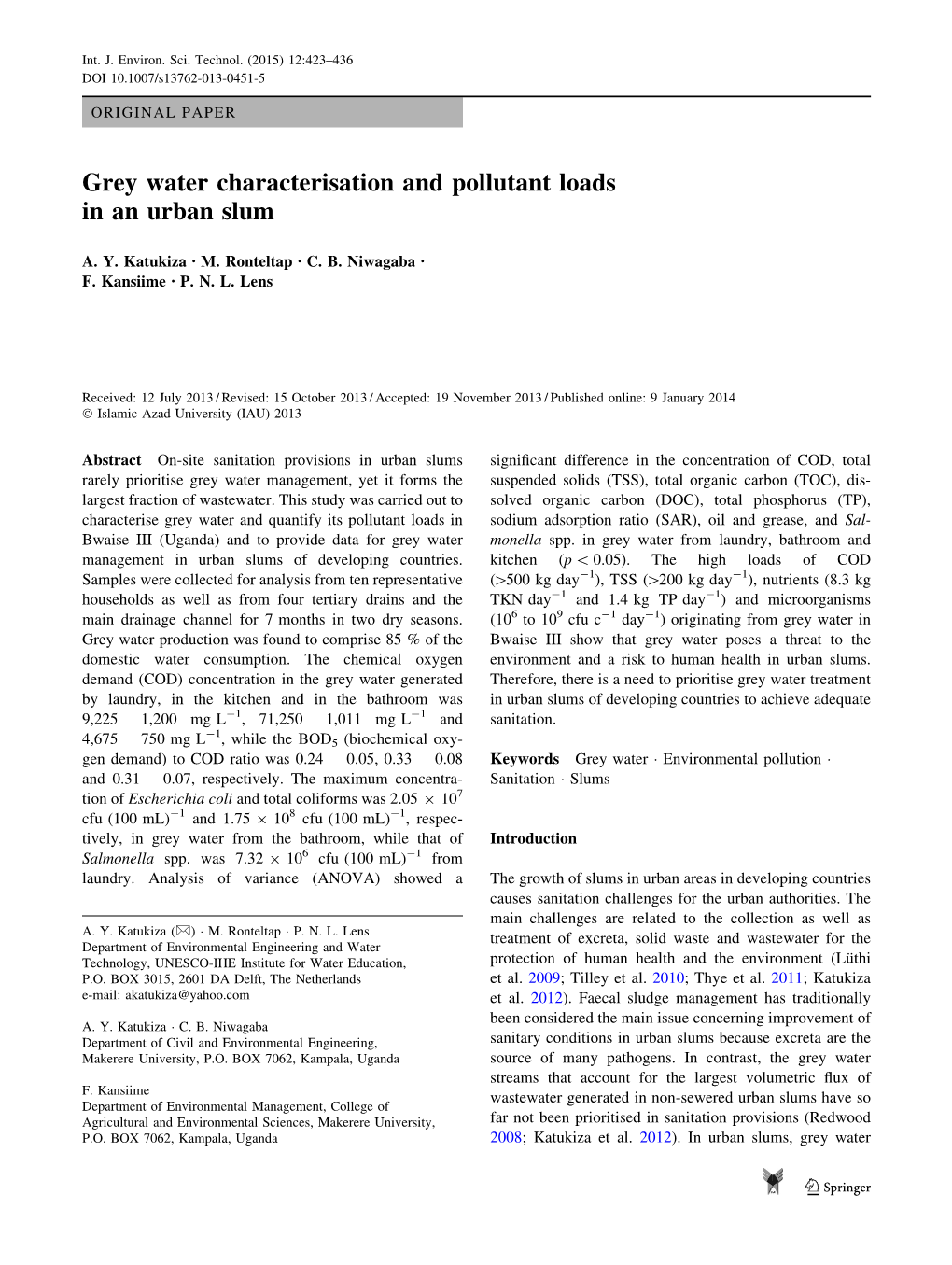 Grey Water Characterisation and Pollutant Loads in an Urban Slum