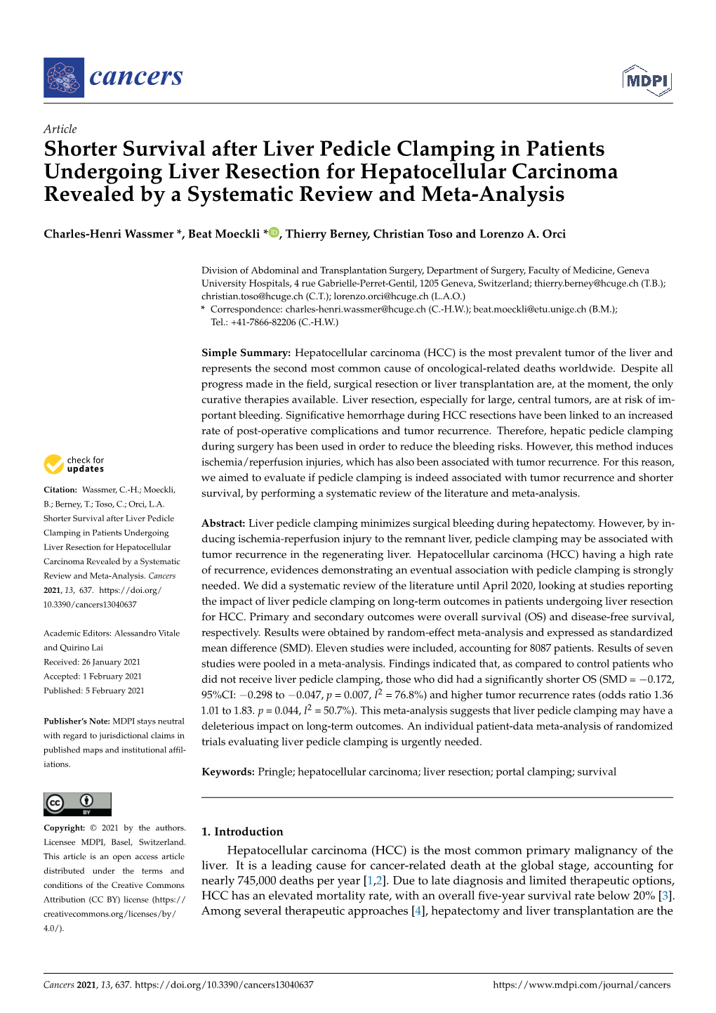 Shorter Survival After Liver Pedicle Clamping in Patients Undergoing Liver Resection for Hepatocellular Carcinoma Revealed by a Systematic Review and Meta-Analysis