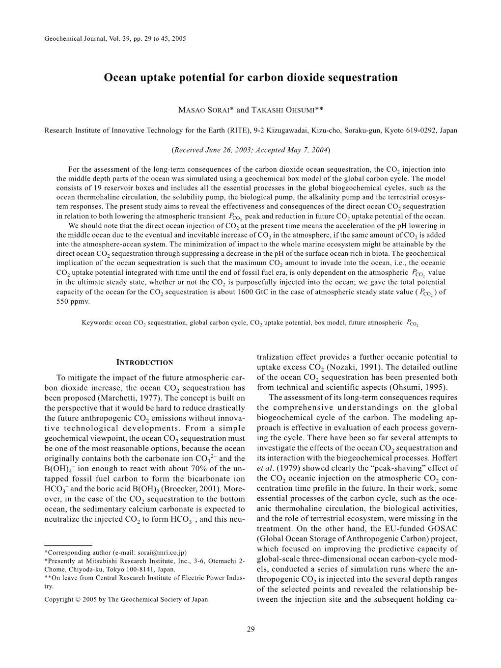 Ocean Uptake Potential for Carbon Dioxide Sequestration