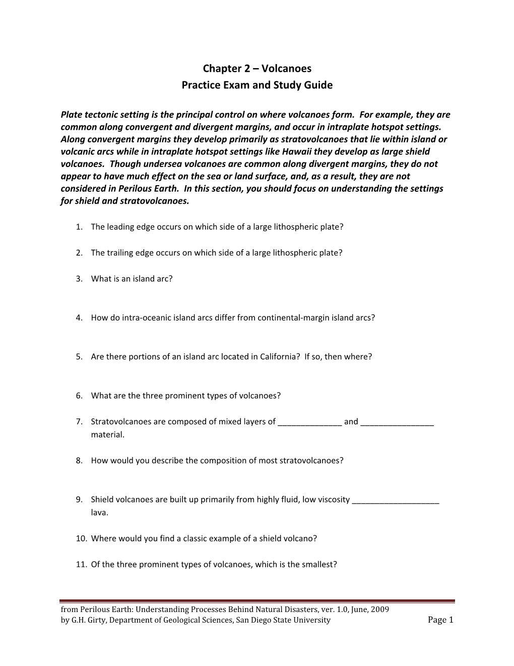 Chapter 2 – Volcanoes Practice Exam and Study Guide