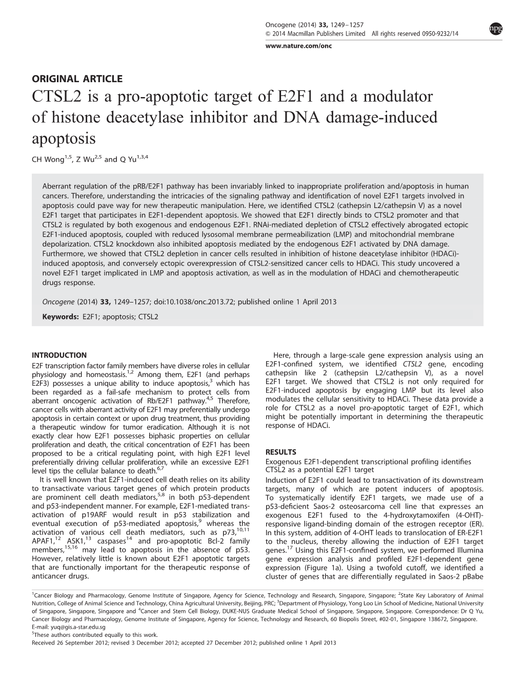 CTSL2 Is a Pro-Apoptotic Target of E2F1 and a Modulator of Histone Deacetylase Inhibitor and DNA Damage-Induced Apoptosis