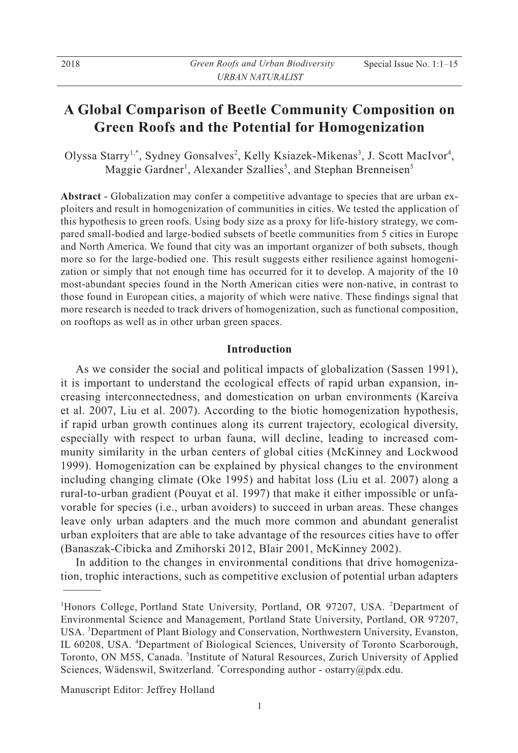 A Global Comparison of Beetle Community Composition on Green Roofs and the Potential for Homogenization