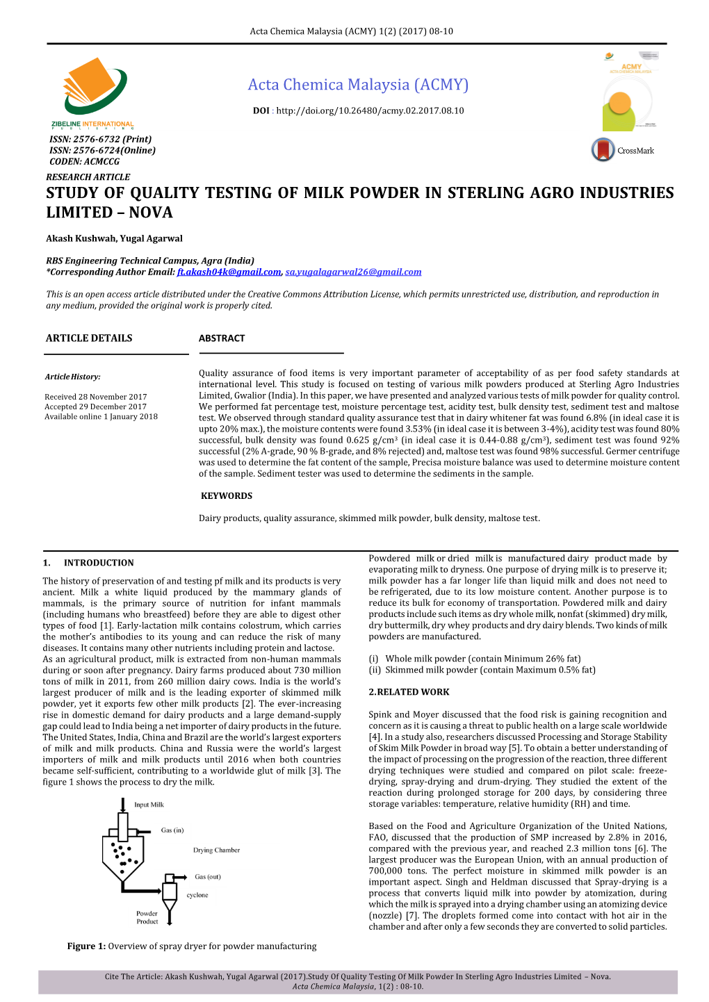 Acta Chemica Malaysia (ACMY) STUDY of QUALITY TESTING of MILK POWDER in STERLING AGRO INDUSTRIES LIMITED – NOVA