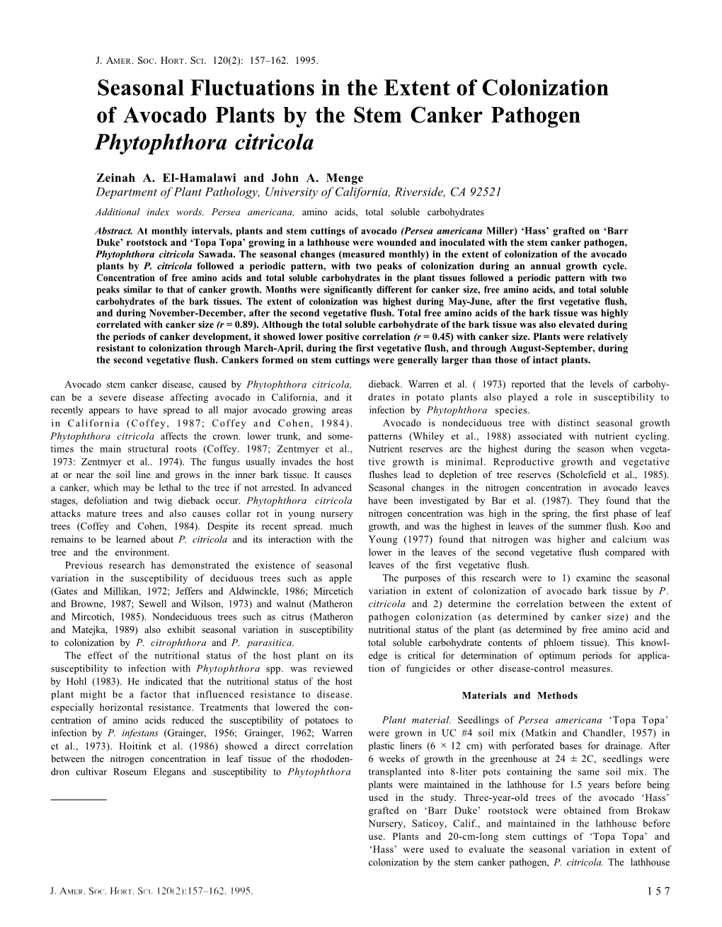 Seasonal Fluctuations in the Extent of Colonization of Avocado Plants by the Stem Canker Pathogen Phytophthora Citricola