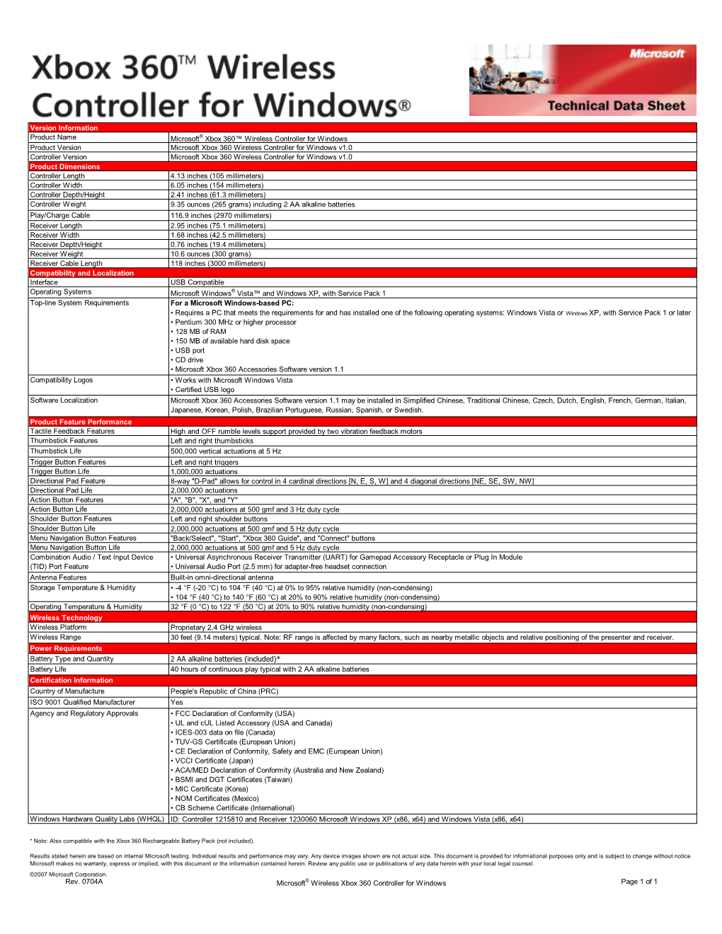 Version Information Product Name Microsoft® Xbox 360™ Wireless