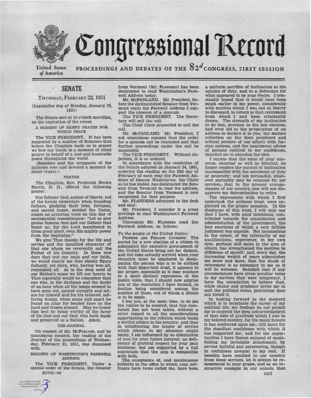 SENATE Designated to Read, Washington's Fare­ Opinion of Duty, and to a Deference for Well Address Today