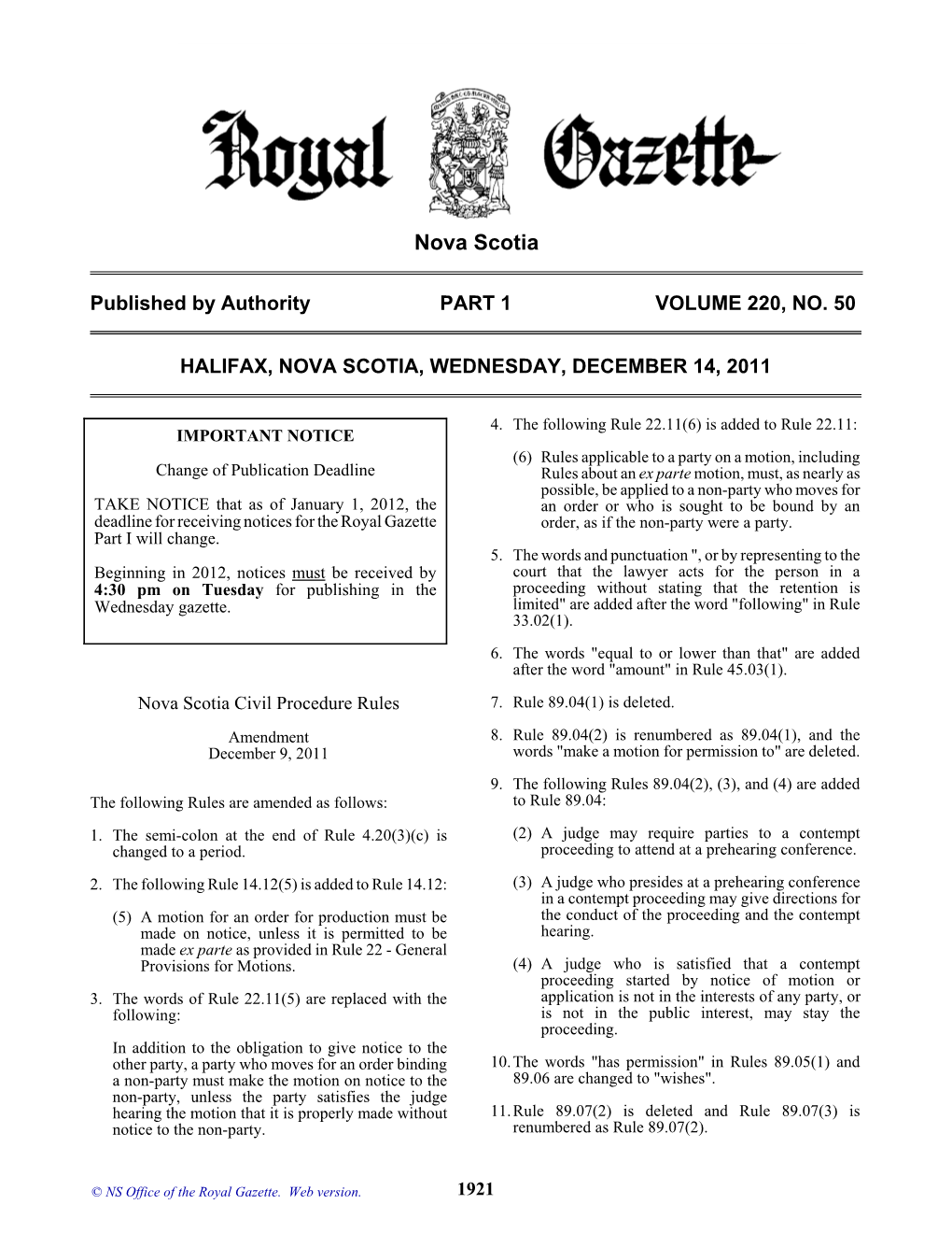 NS Royal Gazette Part I