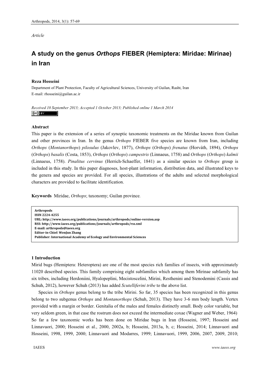 A Study on the Genus Orthops FIEBER (Hemiptera: Miridae: Mirinae) in Iran