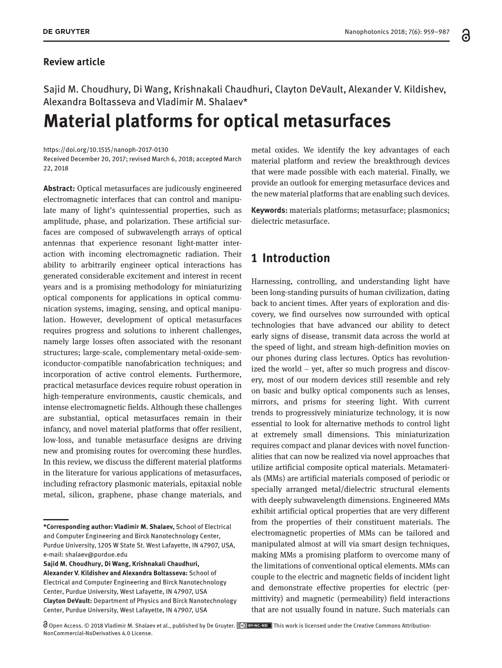 Material Platforms for Optical Metasurfaces Metal Oxides