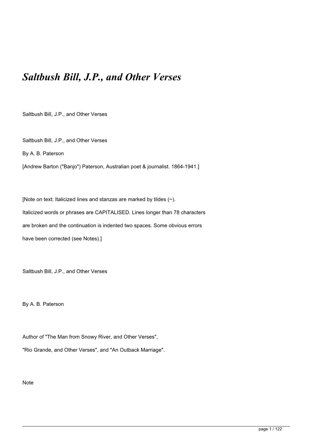 Saltbush Bill, JP, and Other Verses&lt;/H1&gt;