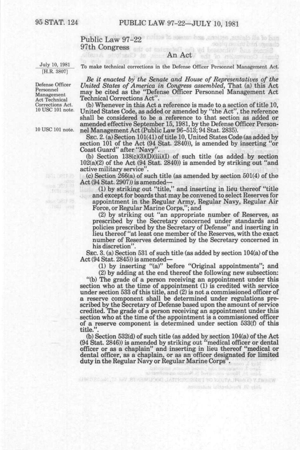 An Act July 10, 1981 Rp^ Make Technical Corrections in the Defense Officer Personnel Management Act
