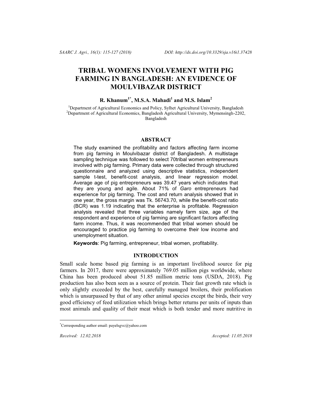 Tribal Womens Involvement with Pig Farming in Bangladesh: an Evidence of Moulvibazar District