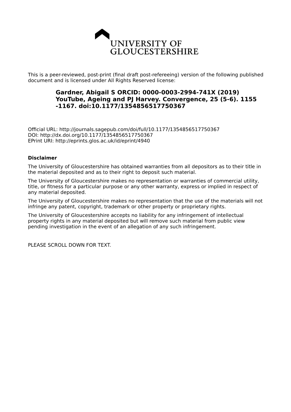 Gardner, Abigail S ORCID: 0000-0003-2994-741X (2019) Youtube, Ageing and PJ Harvey