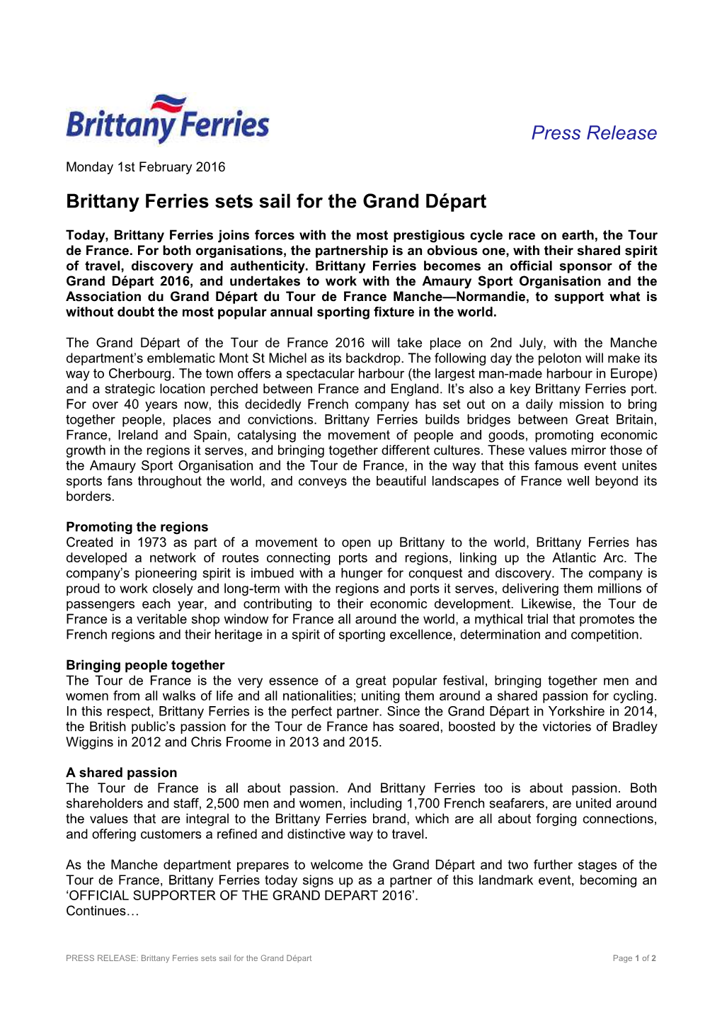 Brittany Ferries Sets Sail for the Grand Départ