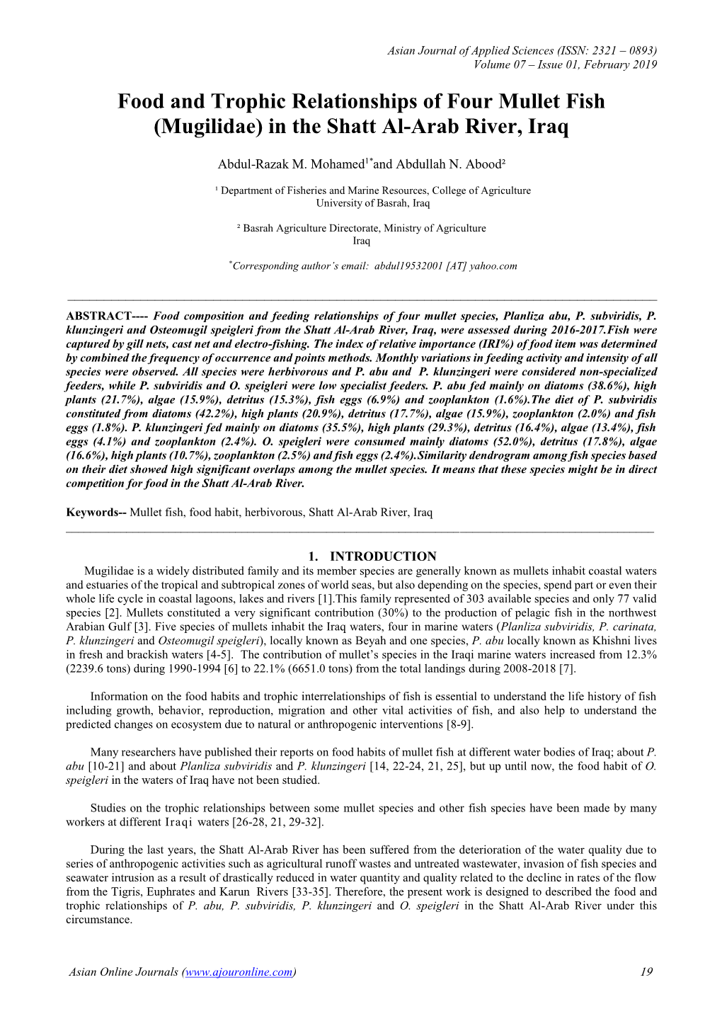 Food and Trophic Relationships of Four Mullet Fish (Mugilidae) in the Shatt Al-Arab River, Iraq