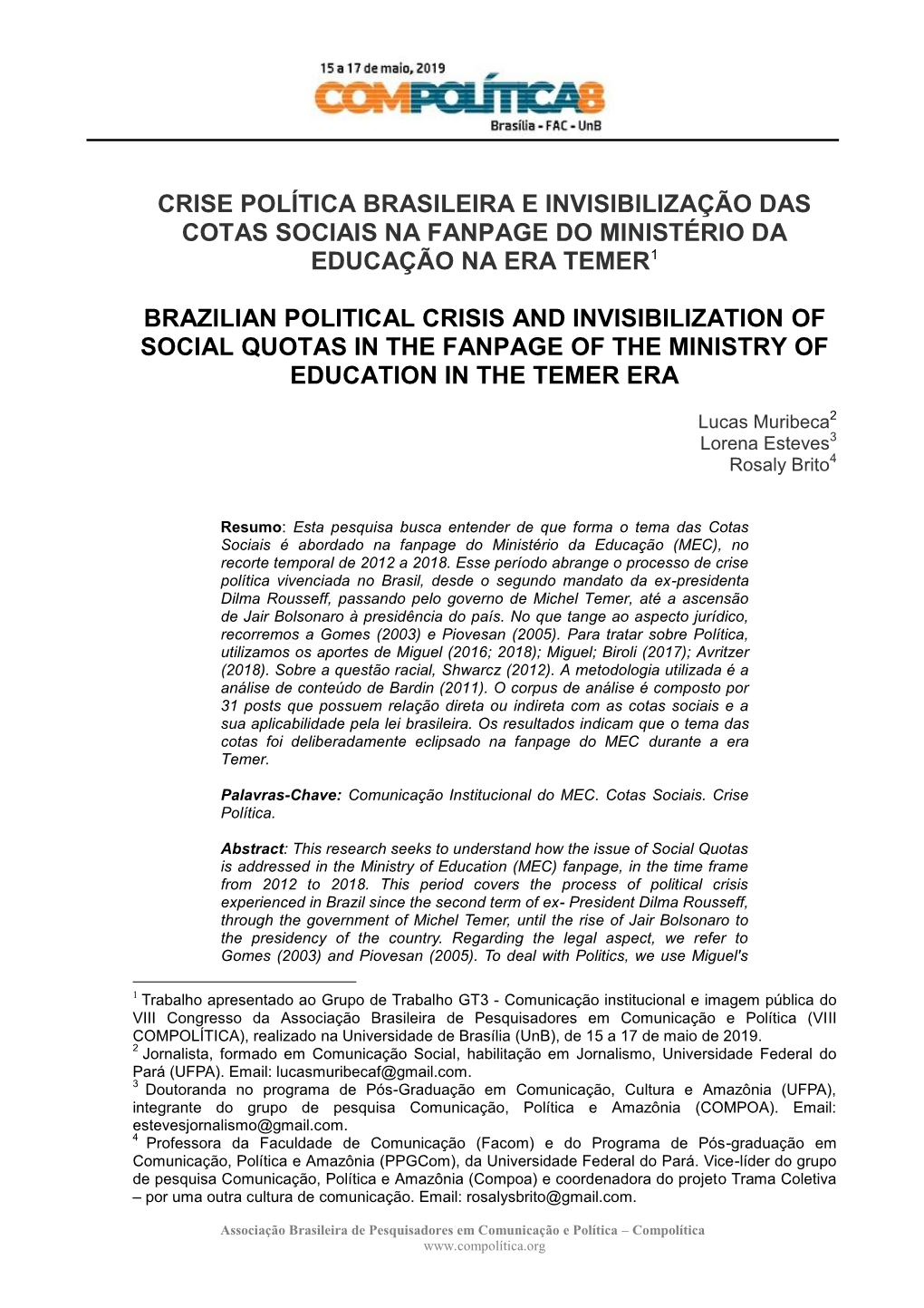 Crise Política Brasileira E Invisibilização Das Cotas Sociais Na Fanpage Do Ministério Da Educação Na Era Temer1 Brazilian