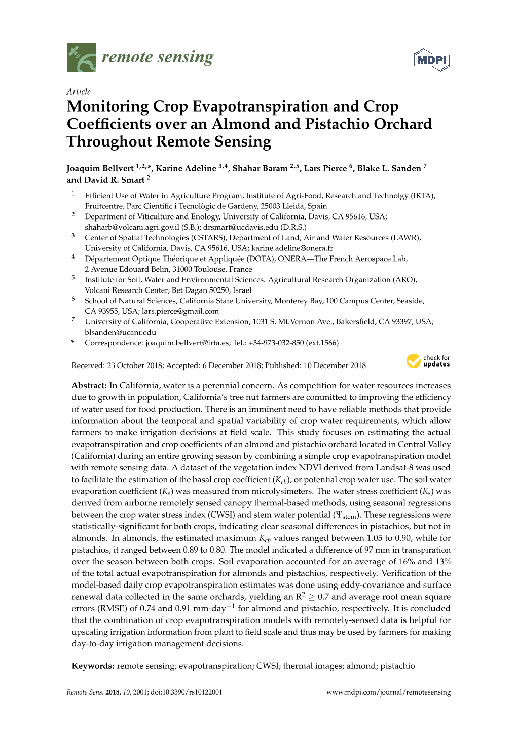 Monitoring Crop Evapotranspiration and Crop Coefficients Over An