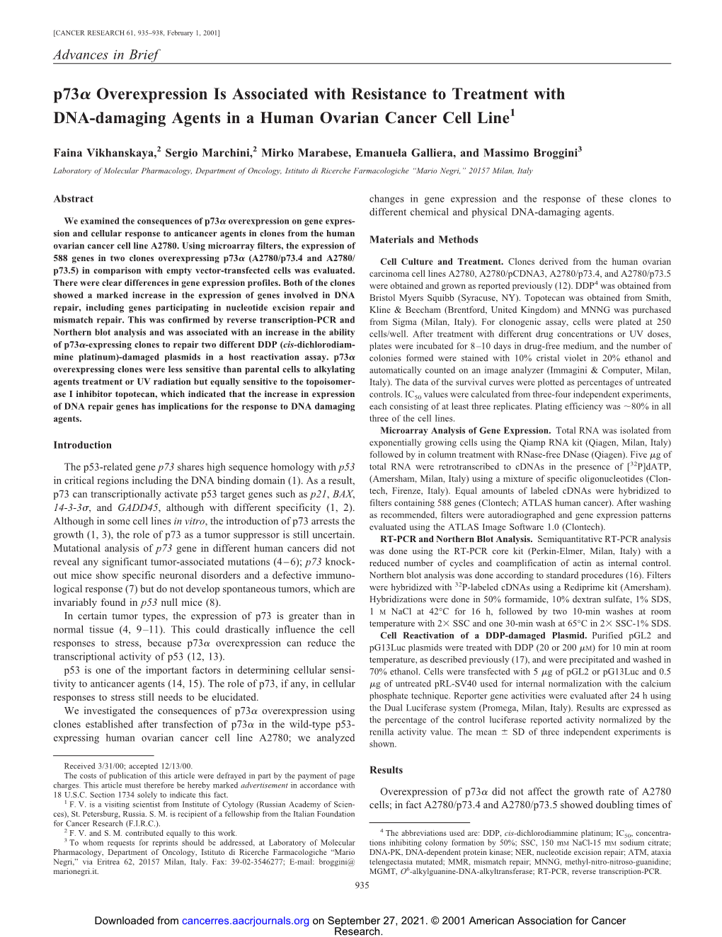 P73 Overexpression Is Associated with Resistance to Treatment With