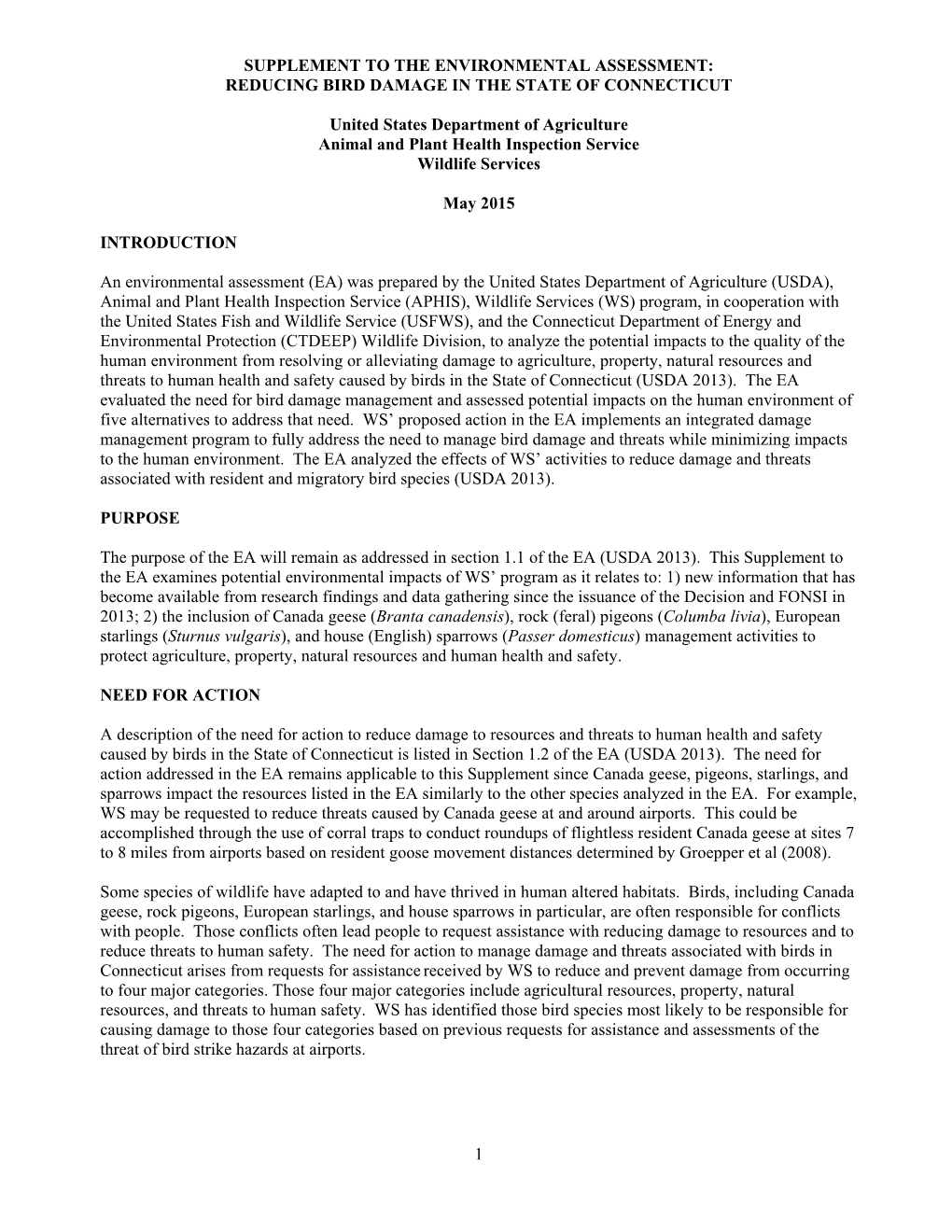 2015 Bird Damage Management in Connecticut EA Supplement