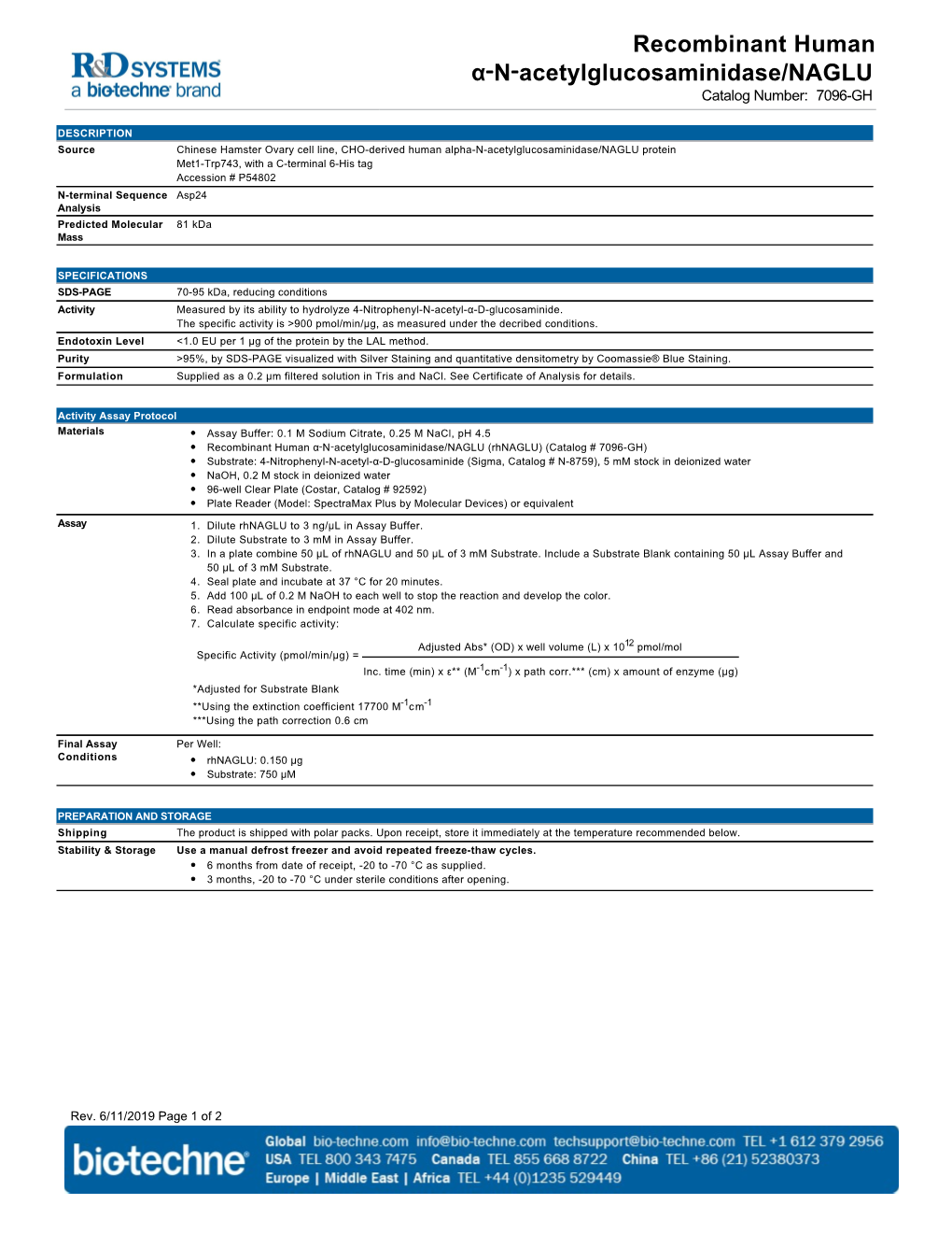 Recombinant Human Α‑N‑Acetylglucosaminidase/NAGLU Catalog Number: 7096-GH